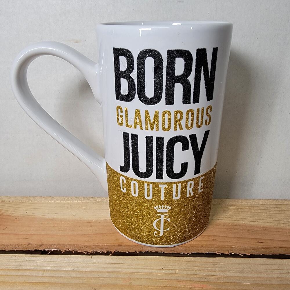 Juicy Couture Tall White Ceramic Mug w/ Gold Glitter "Born Glamorous"